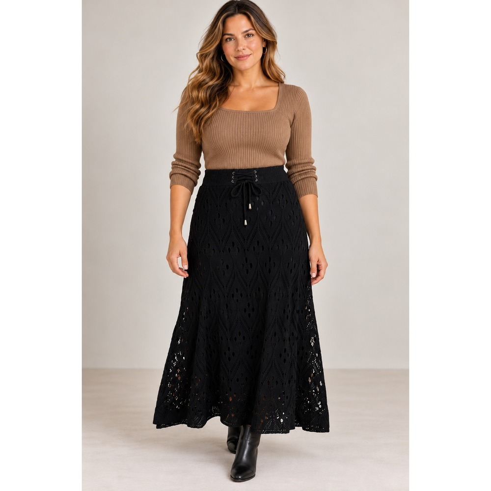 Lapis Womens XL Black Crochet Knit Maxi Skirt Lace Up Front Boho Lined